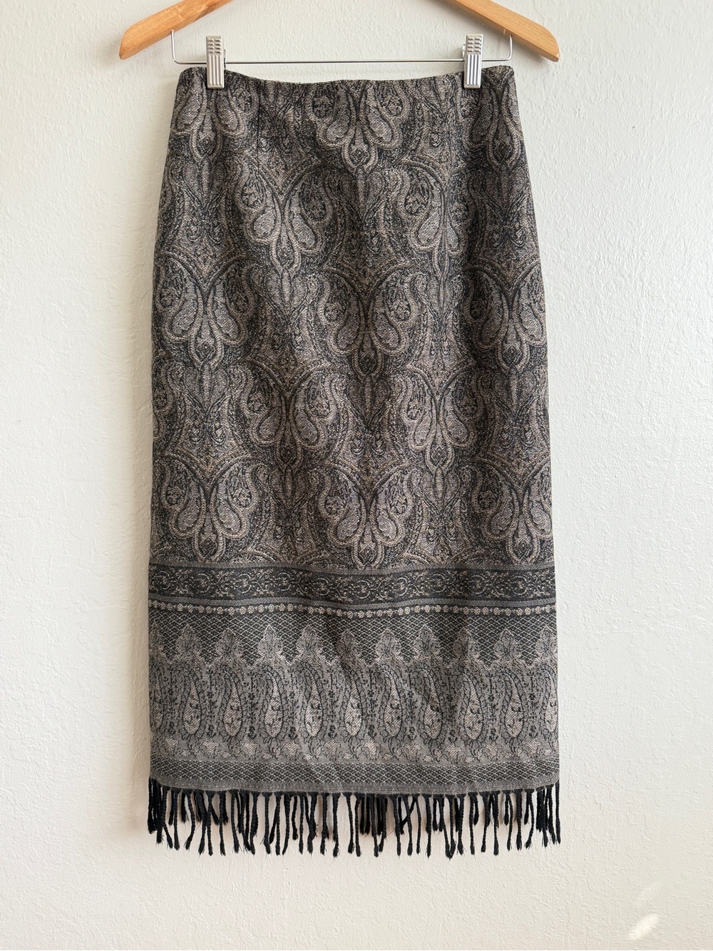 Talbots 100% Wool Paisley Fringe Midi Skirt 6P Petite Black Brown Dark Academia